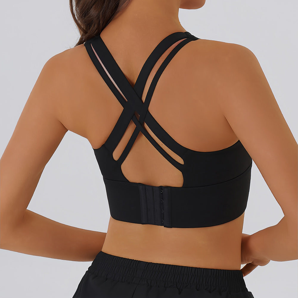 Front Zipper High Support Sports Bra - Racerback Longline Workout Crop Top