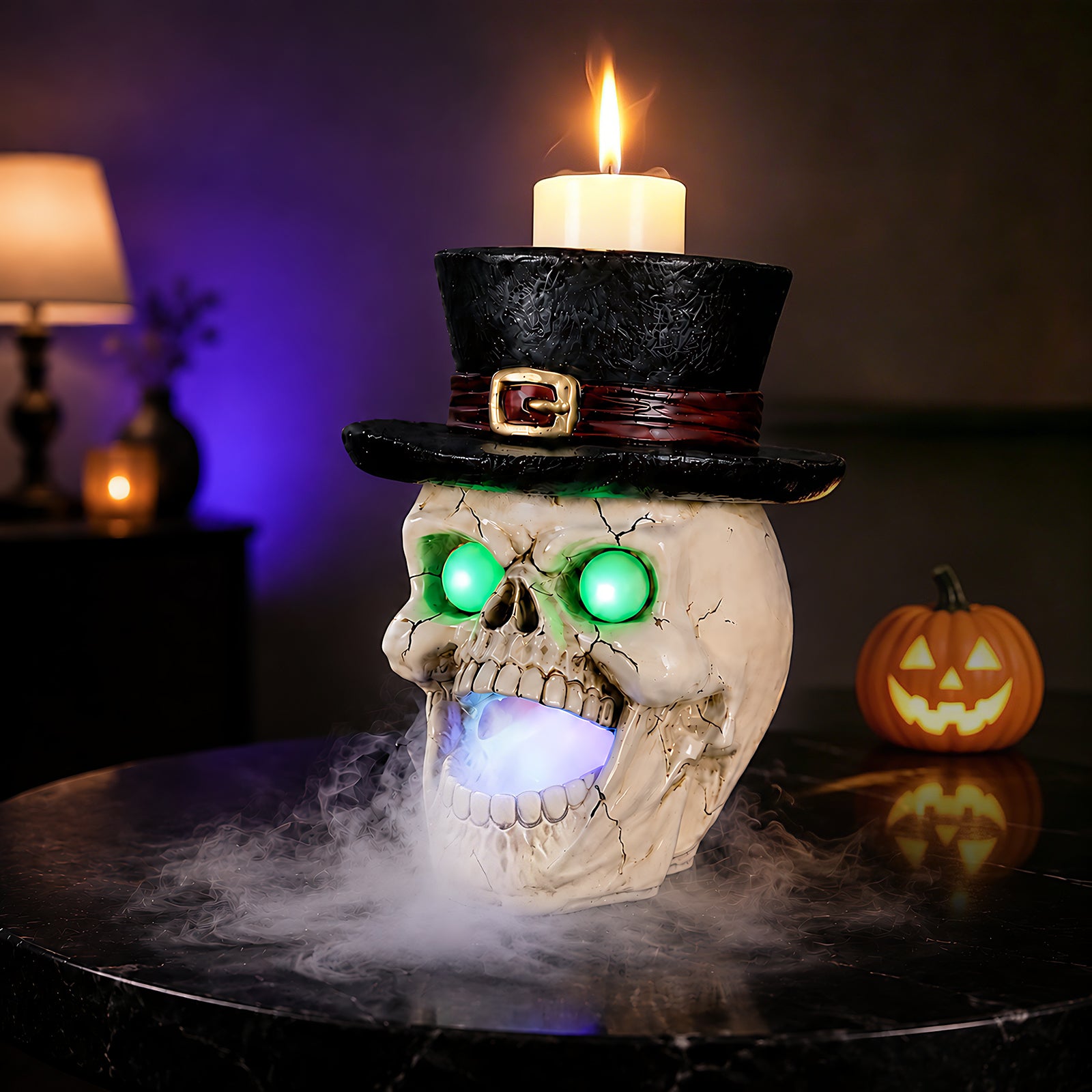 The same top hat skull mist maker from a second angle with green eye lights and a lit mouth