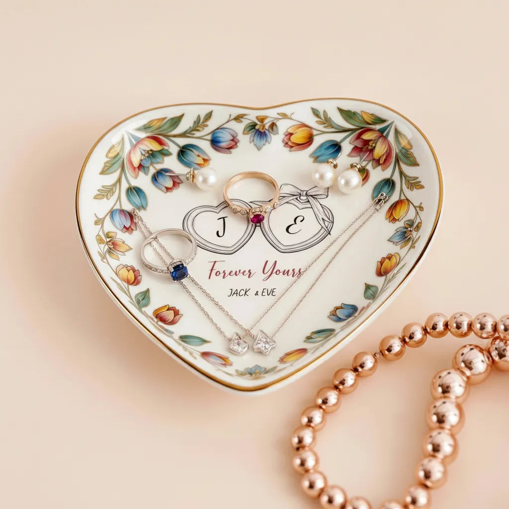 Custom Photo Ceramic Trinket Tray with Colorful Tulip Floral Border-Forever Yours