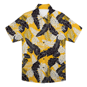 Black & White Tropical Leaf Print Yellow Hawaiian Shirt
