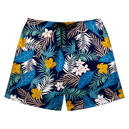 Navy Tropical Floral & Leaf Print Men's Swim Trunks