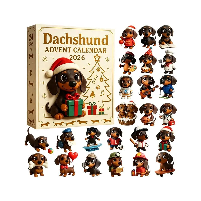 Dachshund Advent Calendar 2026 box with 24 numbered doors