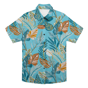 Light Blue Tropical Leaf Print Casual Aloha Shirt