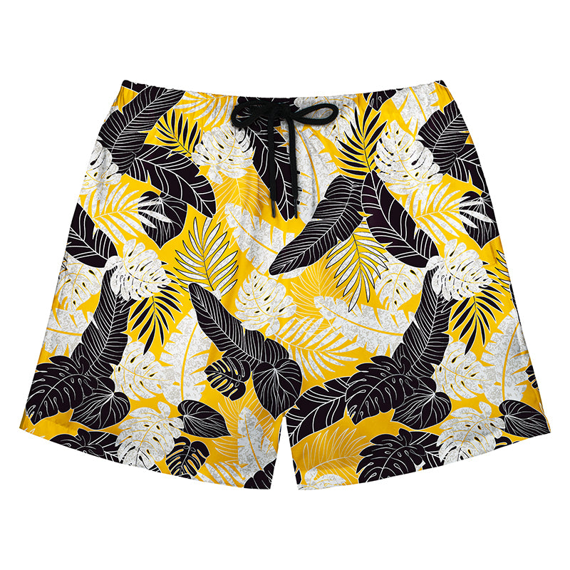 Black & White Tropical Leaf Print Yellow Swim Shorts