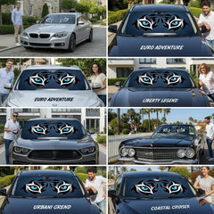 Personalized Tribal Blue-Eyed Tiger Car Sunshade - Custom Family Name Denim Blue Texture Background