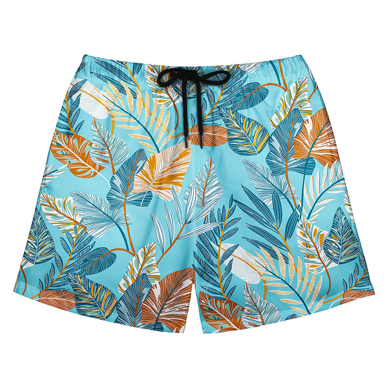 Light Blue Tropical Leaf Print Casual Beach Shorts