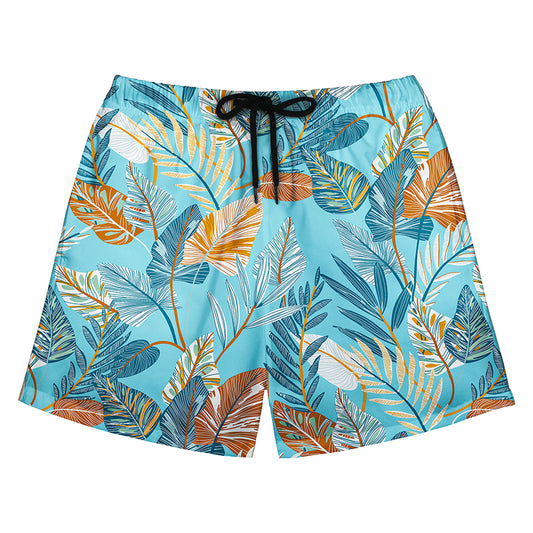 Light Blue Tropical Leaf Print Casual Beach Shorts