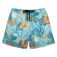 Light Blue Tropical Leaf Print Casual Beach Shorts