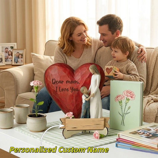 Personalized Red Heart Mother & Son Wooden Plaque – Custom Name Mother’s Day Tabletop Decor – Unique Son to Mom Gift