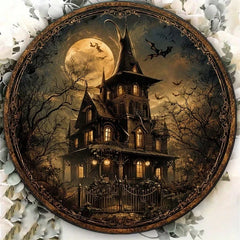 round haunted house metal plaque 8 In Round