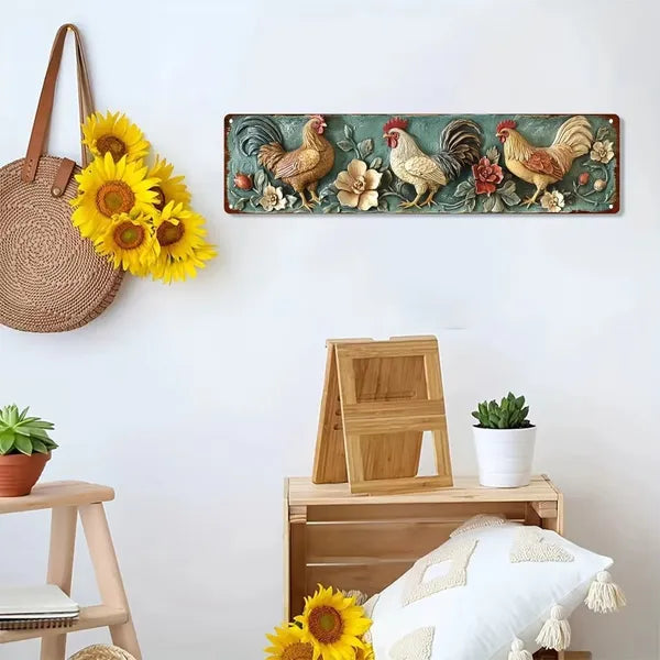 Size diagram of the rooster plaque, 16 inches wide and 4 inches high, with mounting notes