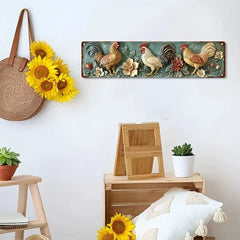 Size diagram of the rooster plaque, 16 inches wide and 4 inches high, with mounting notes