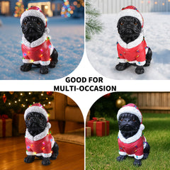 Four photo collage of the Pug in the red Santa coat styled in different holiday spots, indoors and out
