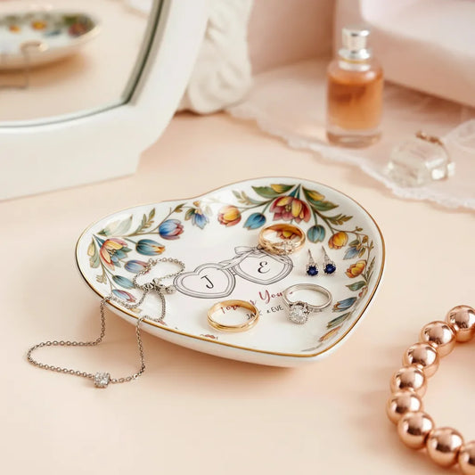 Custom Photo Ceramic Trinket Tray with Colorful Tulip Floral Border-Forever Yours