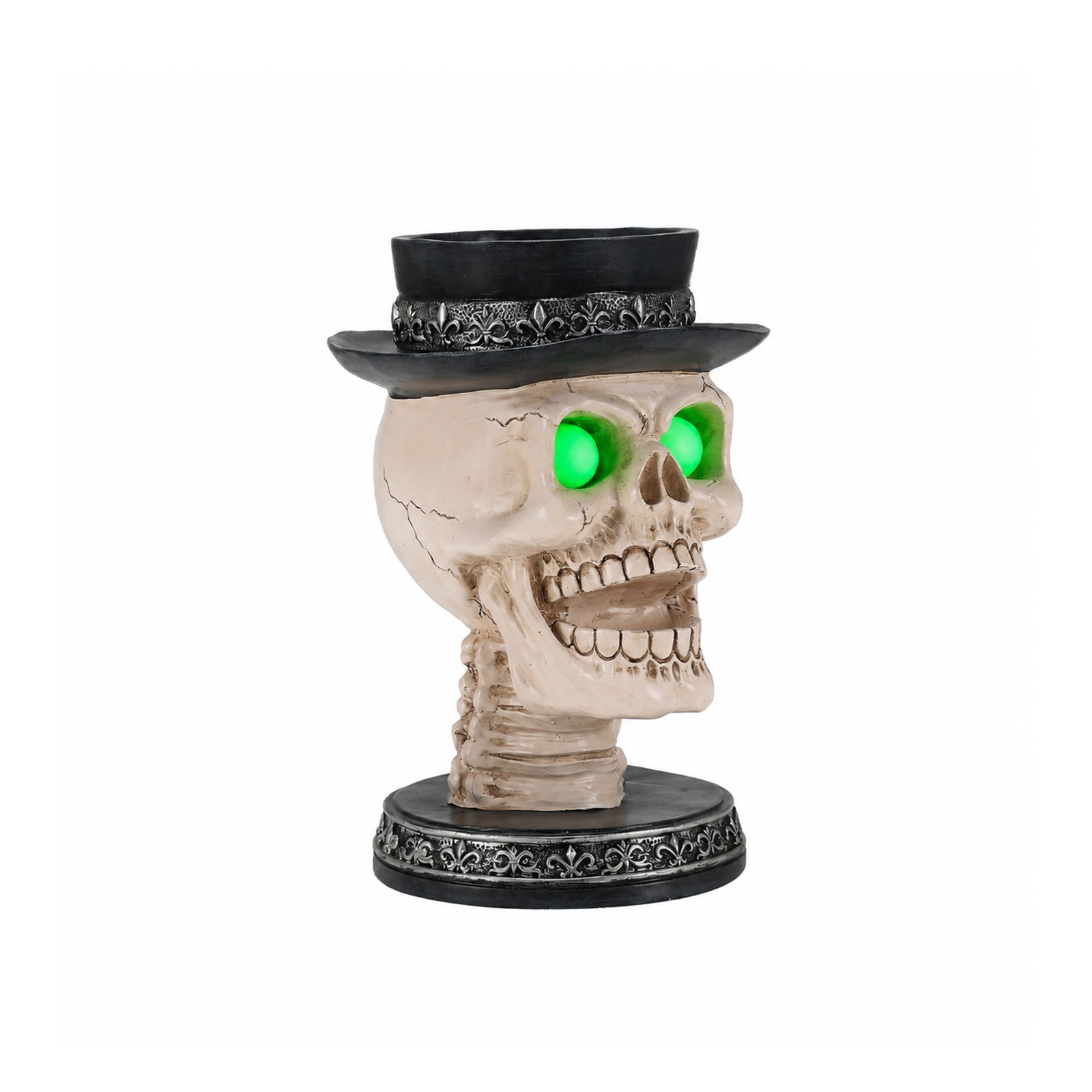 Skull candle holder resin statue on a plain background, three quarter view, showing the carved trim on the hat