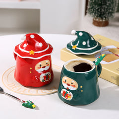 Santa Claus mug gift set - Includes a Christmas hat lid and tree-shaped spoon, with a gift box with a bag (3-piece set)