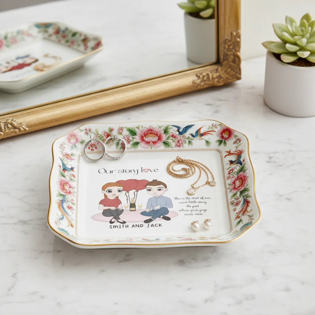 Custom  Photo Ceramic Trinket Tray with Elegant Floral and Phoenix Bird Border-Our stoty love