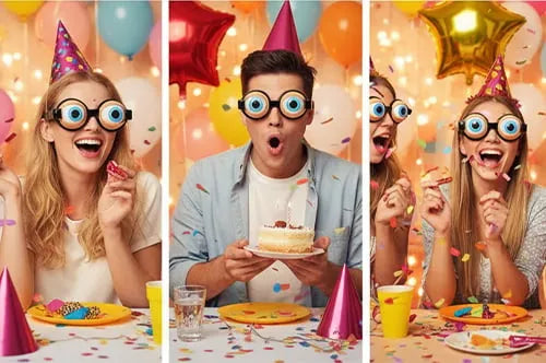 Green googly glasses in a group photo laughing
