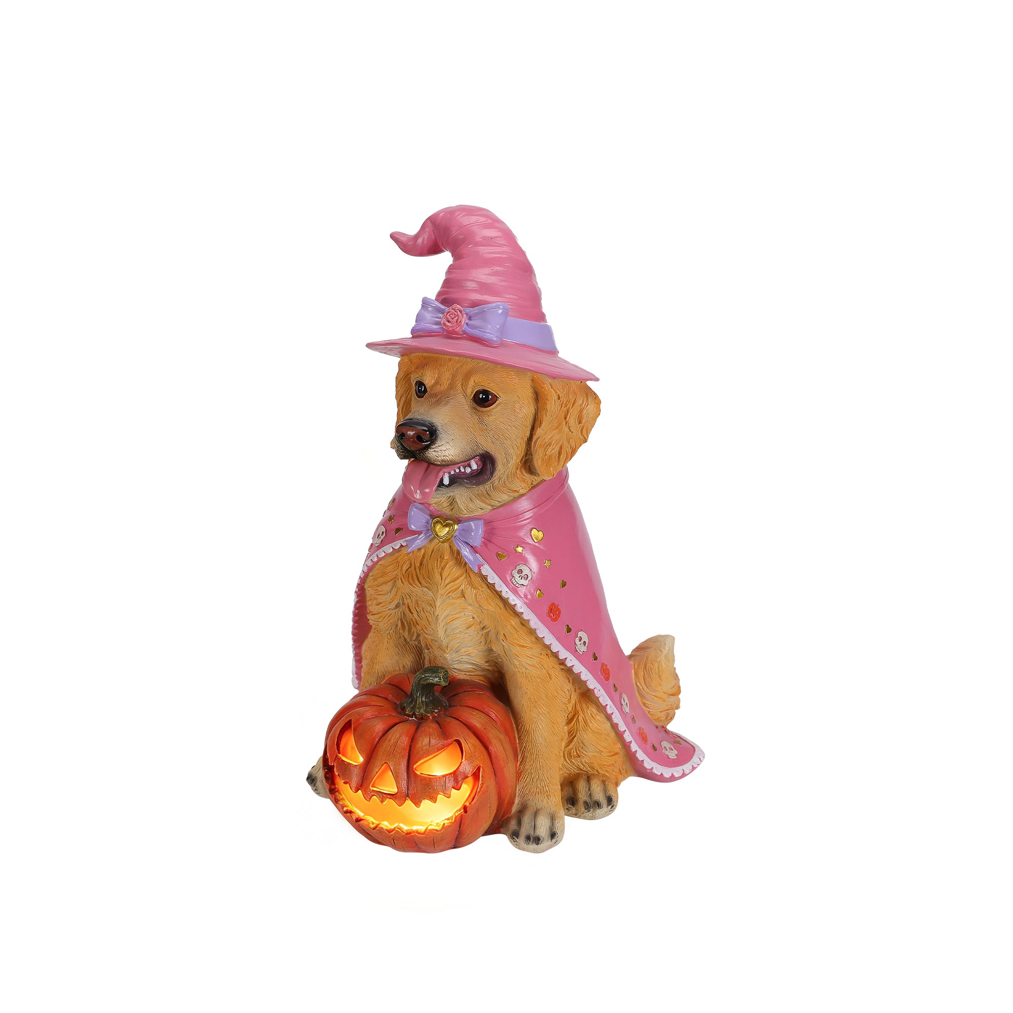 Golden retriever witch statue on a plain background, from a second angle, showing the cape draped over its haunches