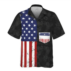 Vintage Distressed USA Flag Black Tropical Leaf Aloha Shirt