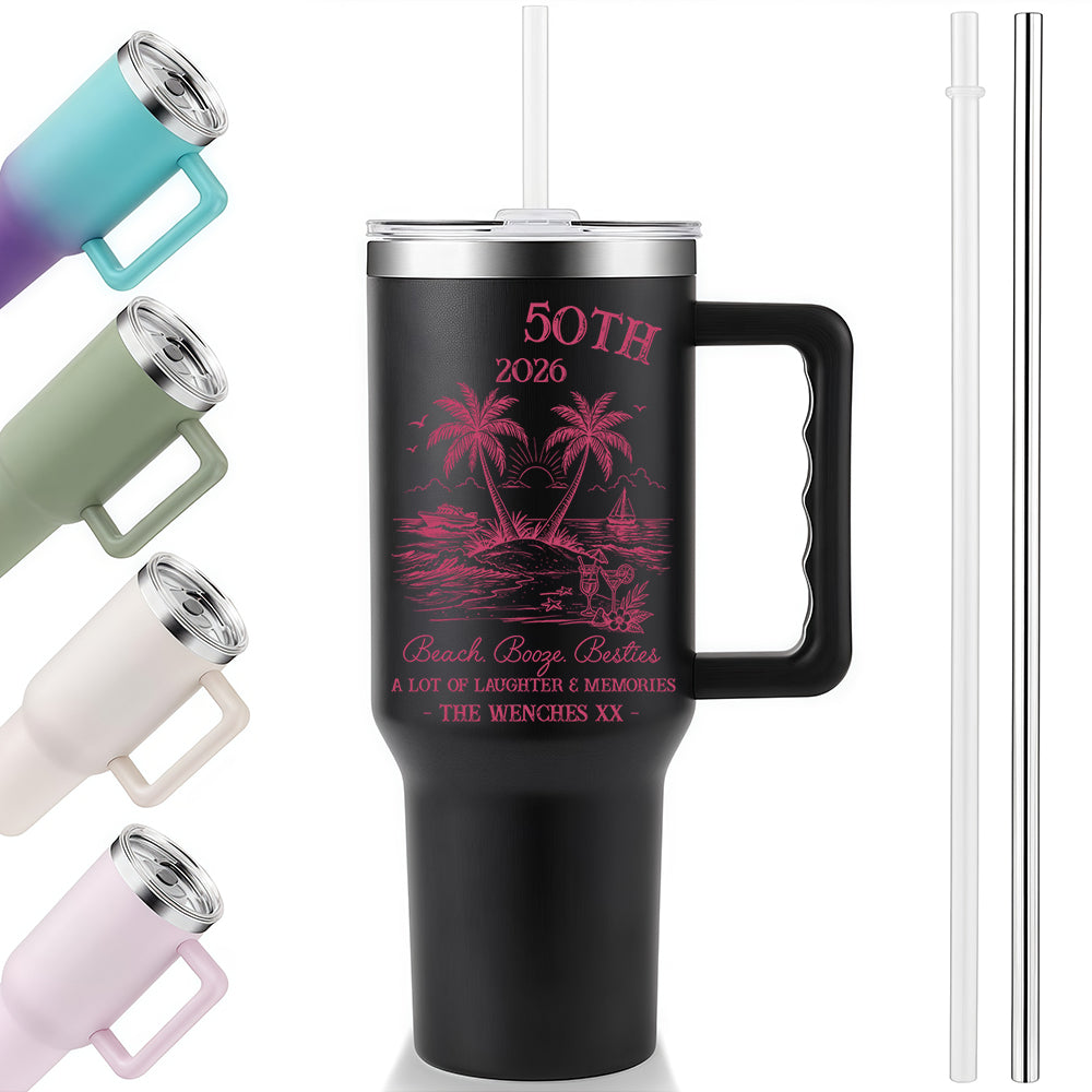 40oz Handle Tumbler | 50th Birthday 2026 Beach Booze Besties Tropical Palm Tree Custom Insulated Travel Cup For Girls Trip Best Friend Gift