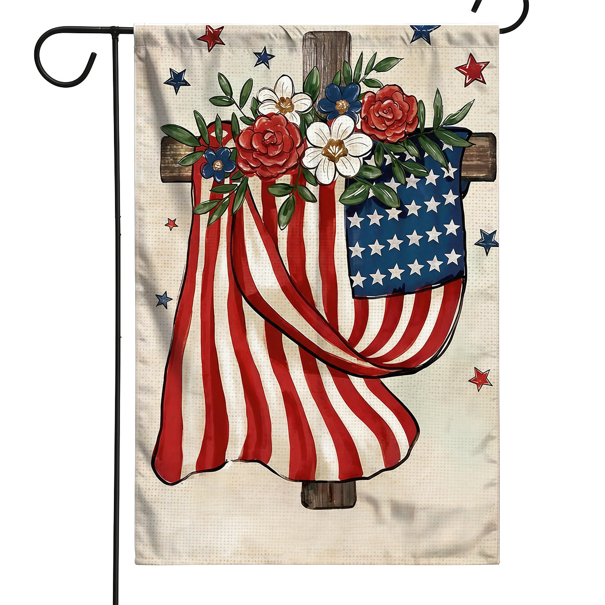 Custom Floral Cross American Garden Flag, Vintage Rose Star Patriotic Yard Flag Customizable Independence Day Outdoor Banner