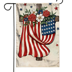 Custom Floral Cross American Garden Flag, Vintage Rose Star Patriotic Yard Flag Customizable Independence Day Outdoor Banner