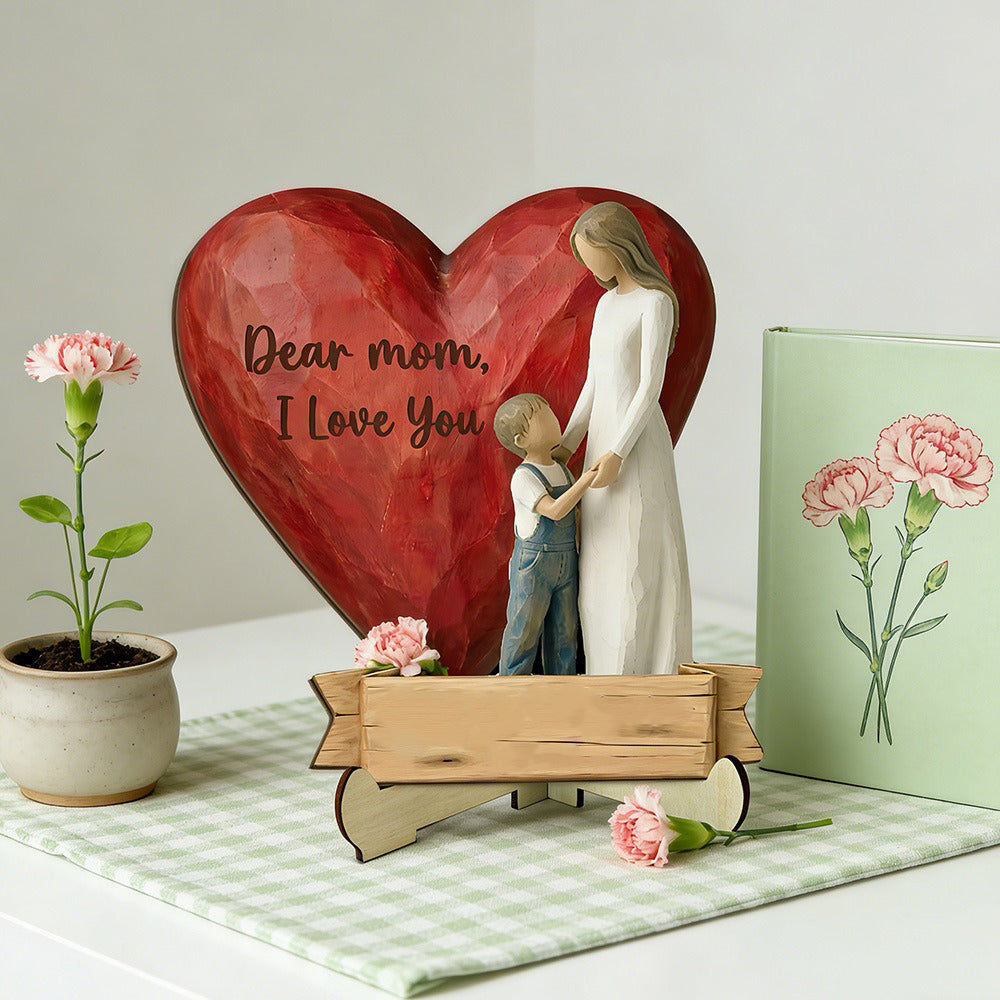 Personalized Red Heart Mother & Son Wooden Plaque – Custom Name Mother’s Day Tabletop Decor – Unique Son to Mom Gift