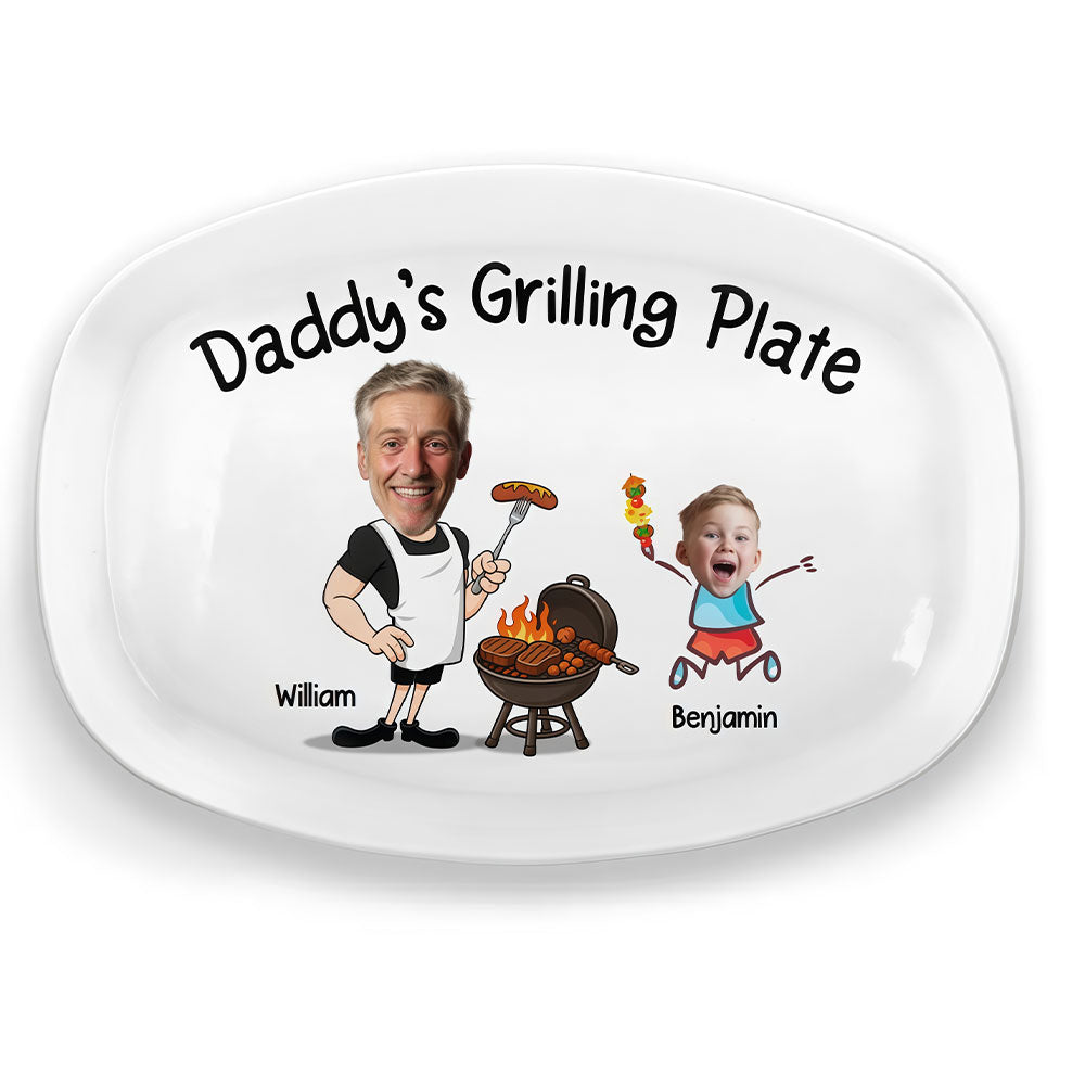 Personalized Daddy's Grilling Serving Platter, Custom Father Son Caricature Face Art BBQ Tray, Custom Name Grill Plate Gift for Dad Father's Day