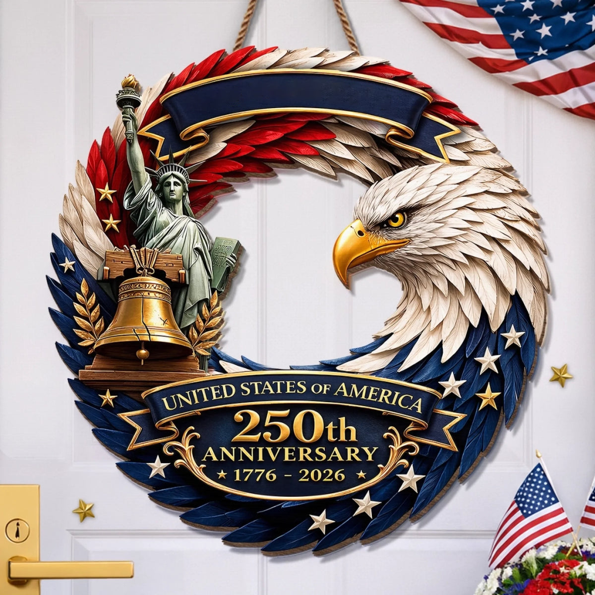 Custom Wood Sign - Personalized America 250th Anniversary Gifts For Mom, Dad, Brother, Sister, Kids - Bald Eagle Patriotic