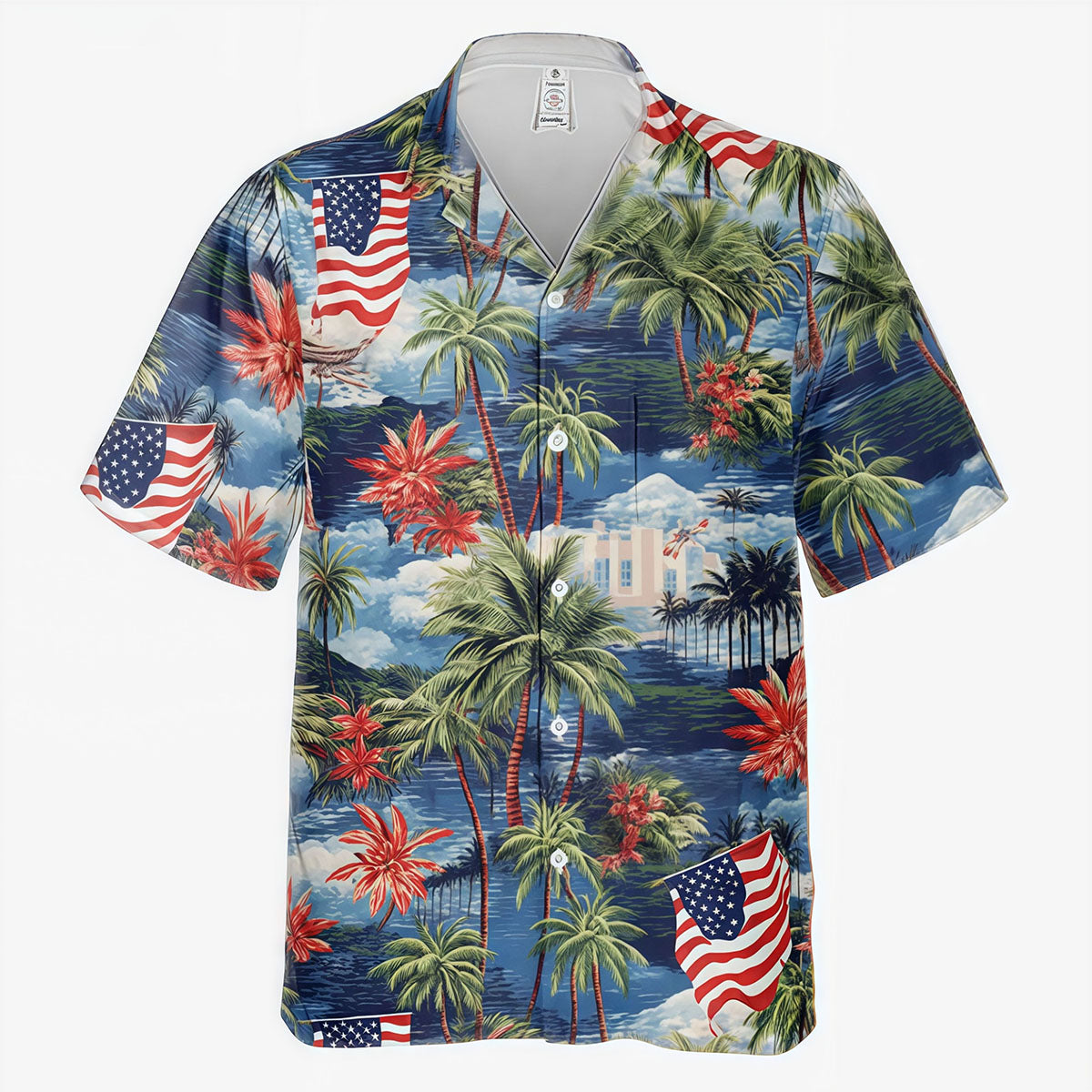 American Flag Palm Tree Coastal Landscape Hawaiian Shirt