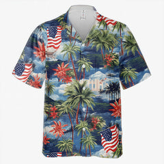 American Flag Palm Tree Coastal Landscape Hawaiian Shirt