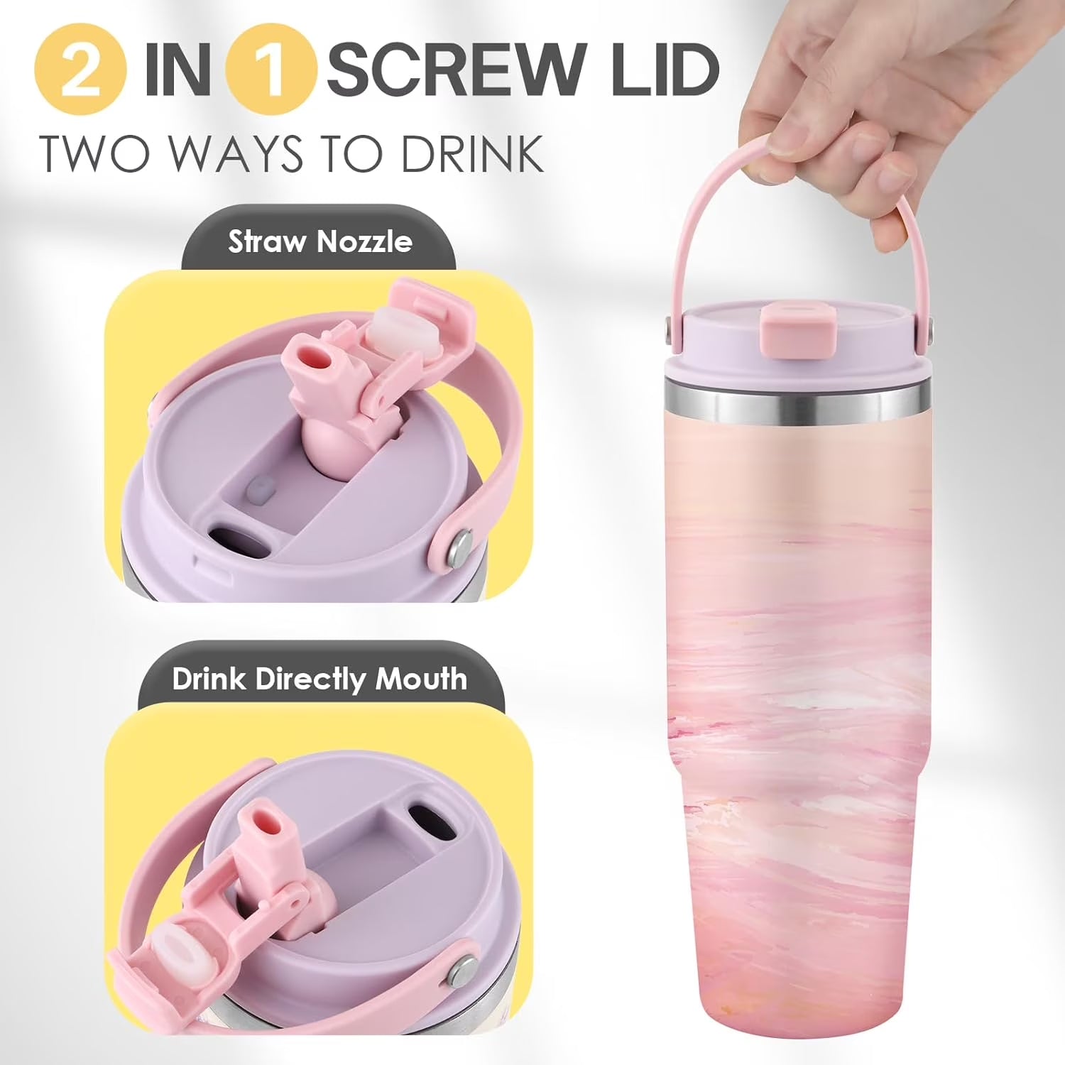 Pink Marble Insulated Tumbler with Handle & Flip Straw, Double Wall Stainless Steel Water Bottle for Gym, Travel & Everyday Use