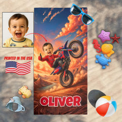 Personalized Motocross Beach Towel with Child Face & Name, Dirt Bike Kid Gift, Custom Motocross.