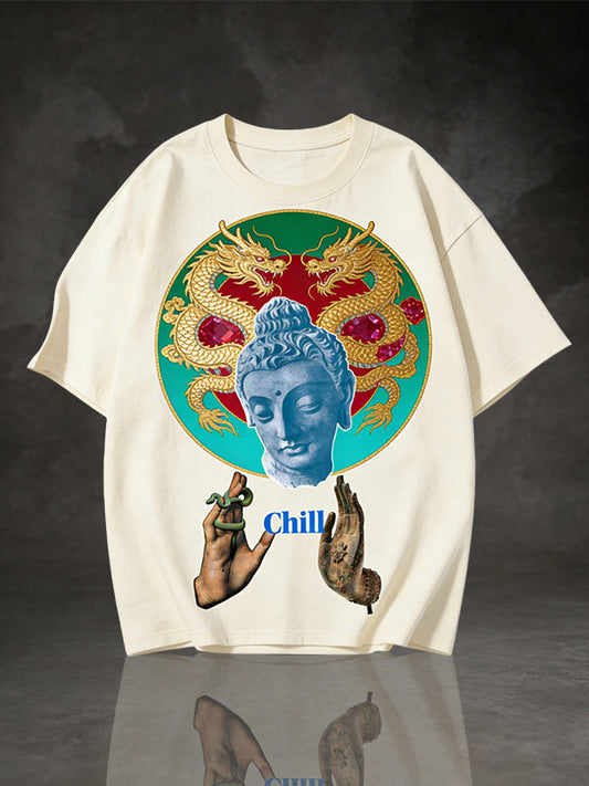 Chill" Double Dragon Buddha Graphic T-Shirt