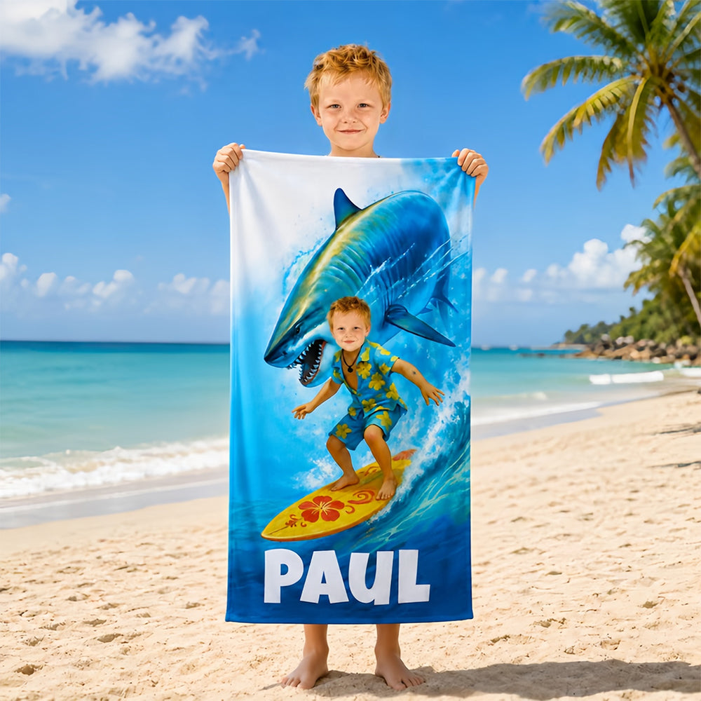 Personalized Shark Beach Towel for Kids, Custom Face Pool Towel, Boys Summer Gift, Surfing Shark Towel with Name, Birthday Beach Gift.