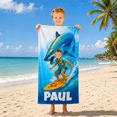 Personalized Shark Beach Towel for Kids, Custom Face Pool Towel, Boys Summer Gift, Surfing Shark Towel with Name, Birthday Beach Gift.