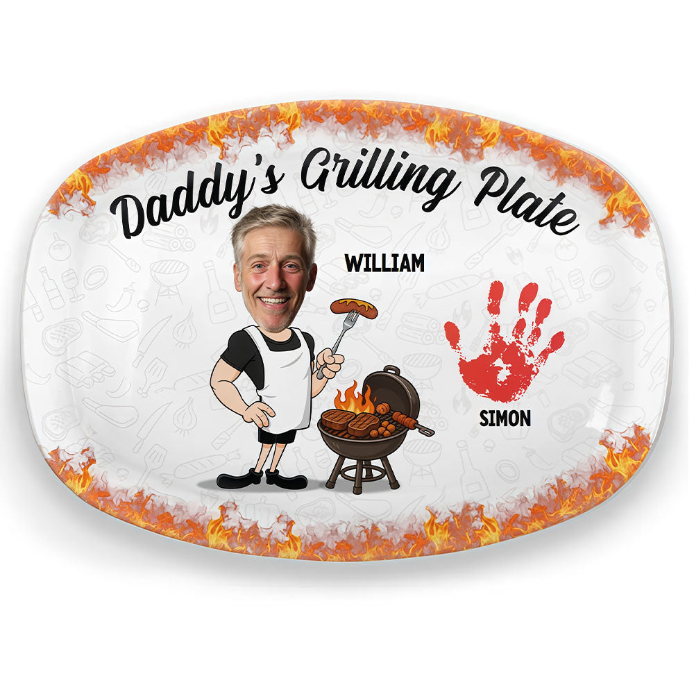 Personalized Fire Rim Daddy's Grilling Serving Tray, Custom Dad Caricature with Child Handprint & Name BBQ Plate, Unique Father's Day Grill Gift for Grandpa Daddy
