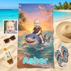 Personalized Shark Beach Towel, Custom Baby Photo Towel with Name, Summer Gift for Kids.