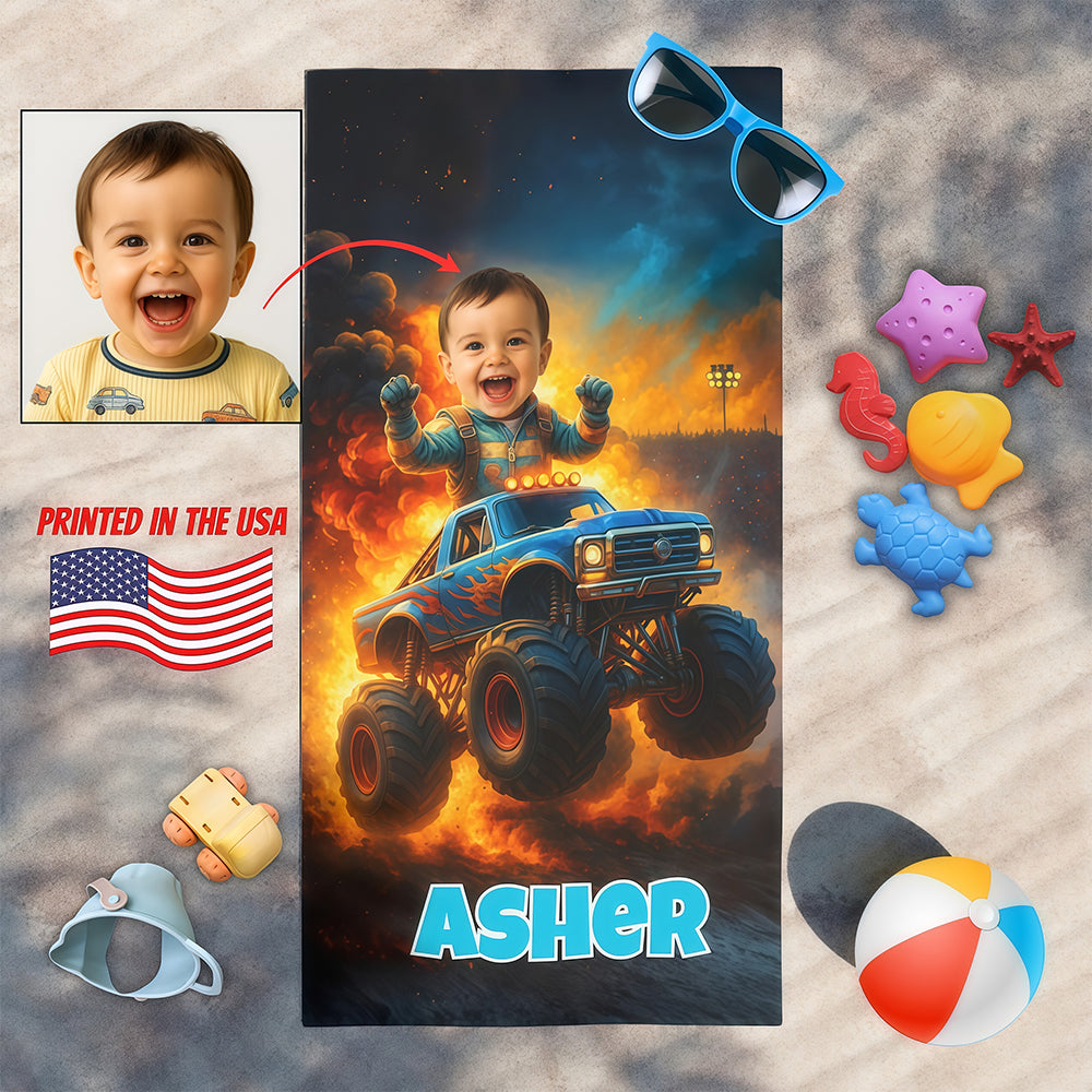 Custom Monster Truck Beach Towel with Photo, Birthday Gift for Kids, Boys, Grandson & Son.