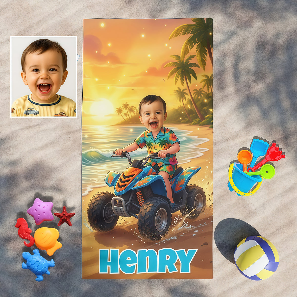 Personalized Kids Beach Towel with Face & Name, Custom Beach Towel for Boys, Summer Gift, ATV racing gift.