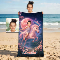 Personalized Unicorn Beach Towel with Girl's Face & Name, Magical Girl Gift, Custom Kids Towel.