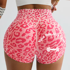 Leopard Print Butt Lifting Workout Shorts, "Squat Now, Slay Later" Seamless High Waist Gym Shorts for Women