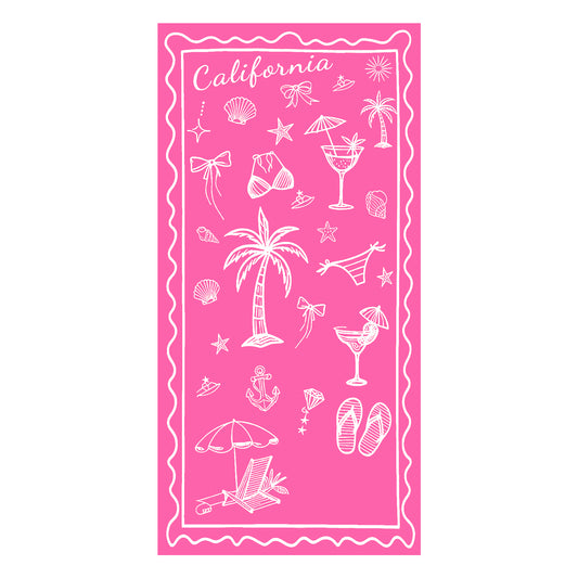 California Coastal Doodle Red & White Beach Towel