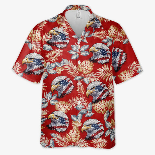 Red Background Bald Eagle Tropical Leaf Patriotic Hawaiian Shirt