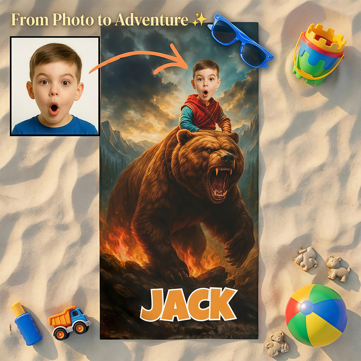 Personalized Kids Beach Towel with Face and Name, Bear Adventure Boy Gift, Bear Towels.