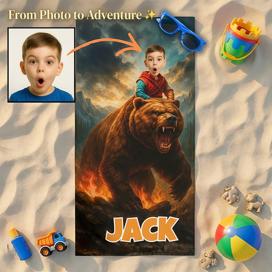 Personalized Kids Beach Towel with Face and Name, Bear Adventure Boy Gift, Bear Towels.