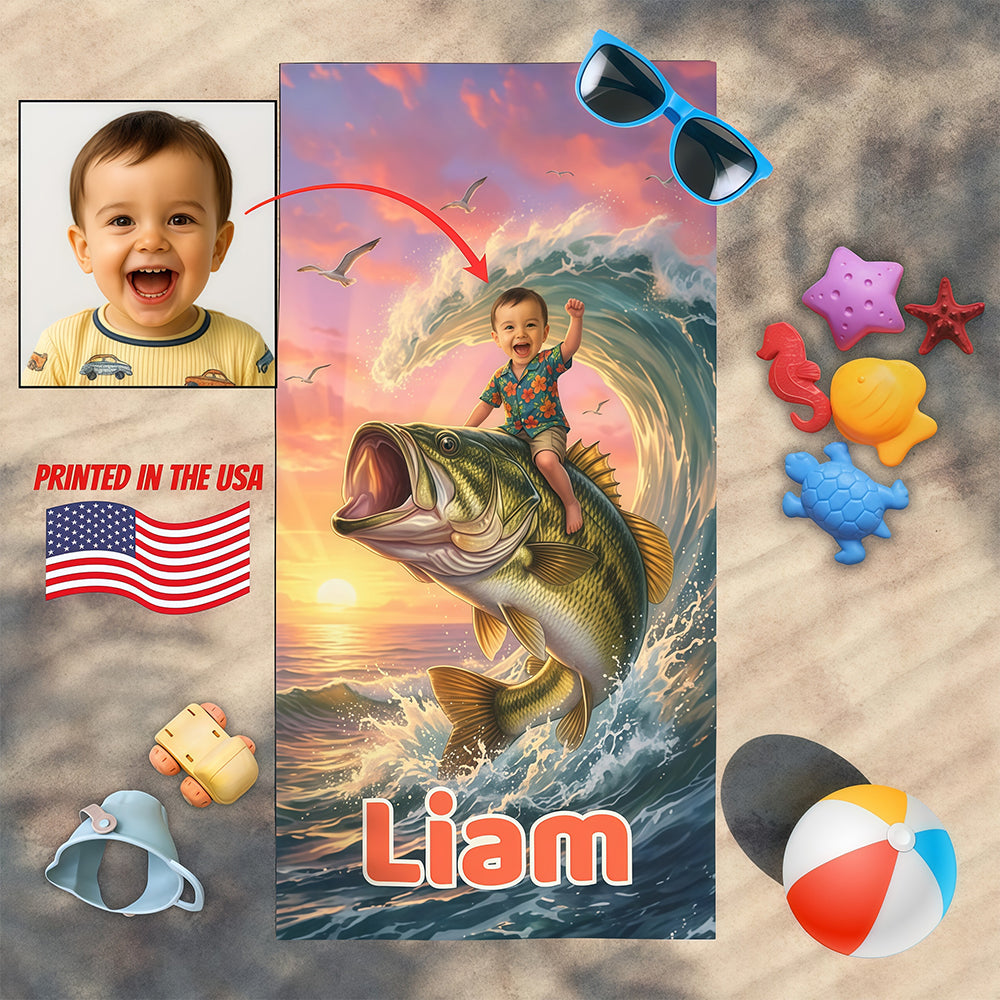 Personalized Fishing Beach Towel with Boys Face & Name, Bass Fish Kid Gift, Kids Towel.