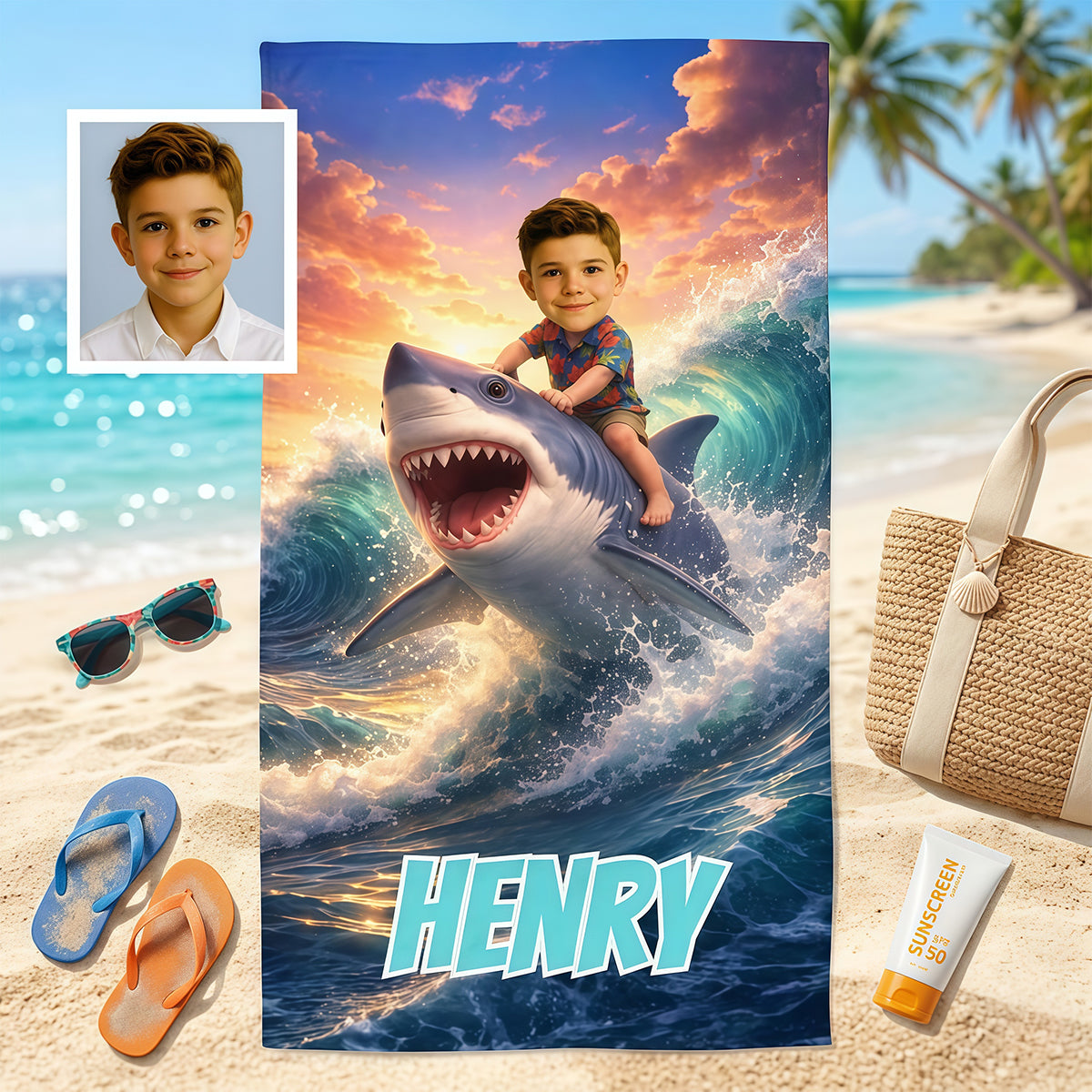 Personalized Shark Beach Towel, Custom Kids Pool Towels with Name, Summer Gift for Boys.