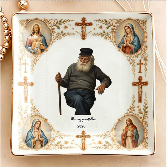 Personalized Religious Blessing Jewelry Dish - Custom Portrait Ceramic Tray with Catholic Iconography